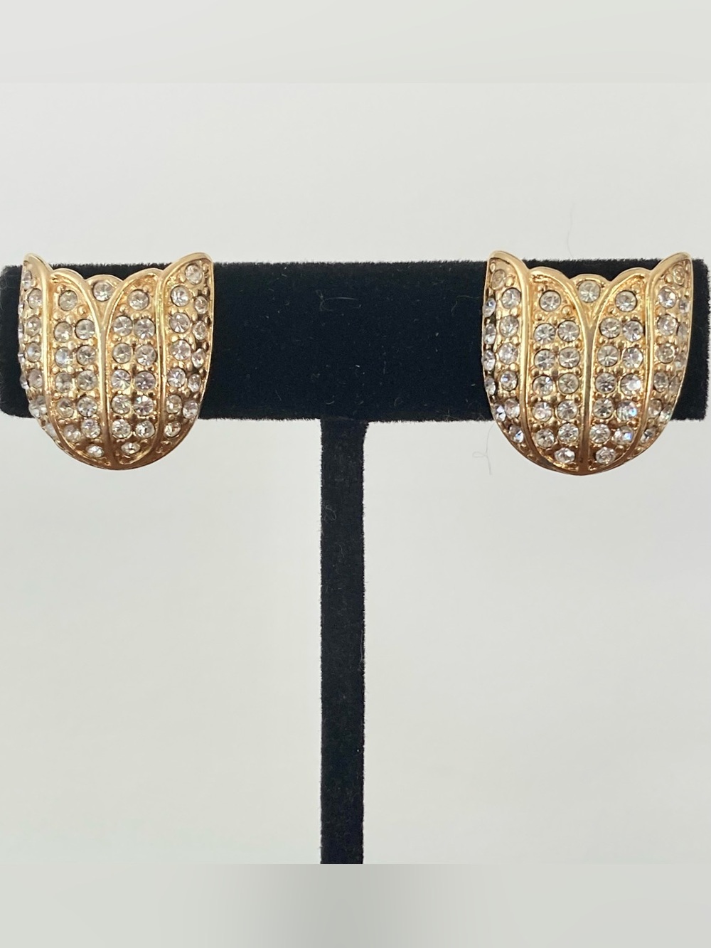 Vintage 80s Monet gold tone rhinestone pave tulip clip on statement earrings